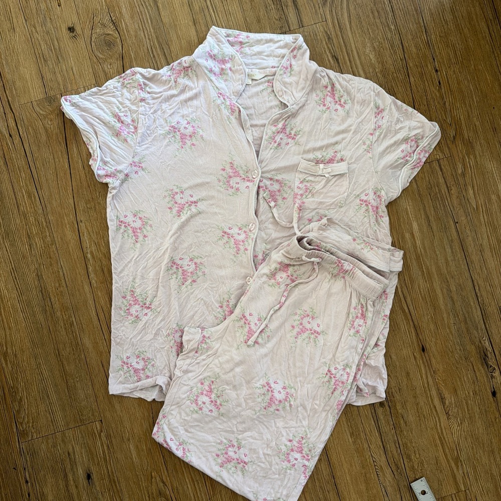 shabby chic pajama set Pink Floral Women's Size L Pants Top Lightweight Used